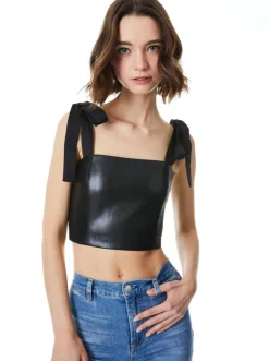 Hot - Cassidy Vegan Leather Tie Strap Top - Black Crop Tops