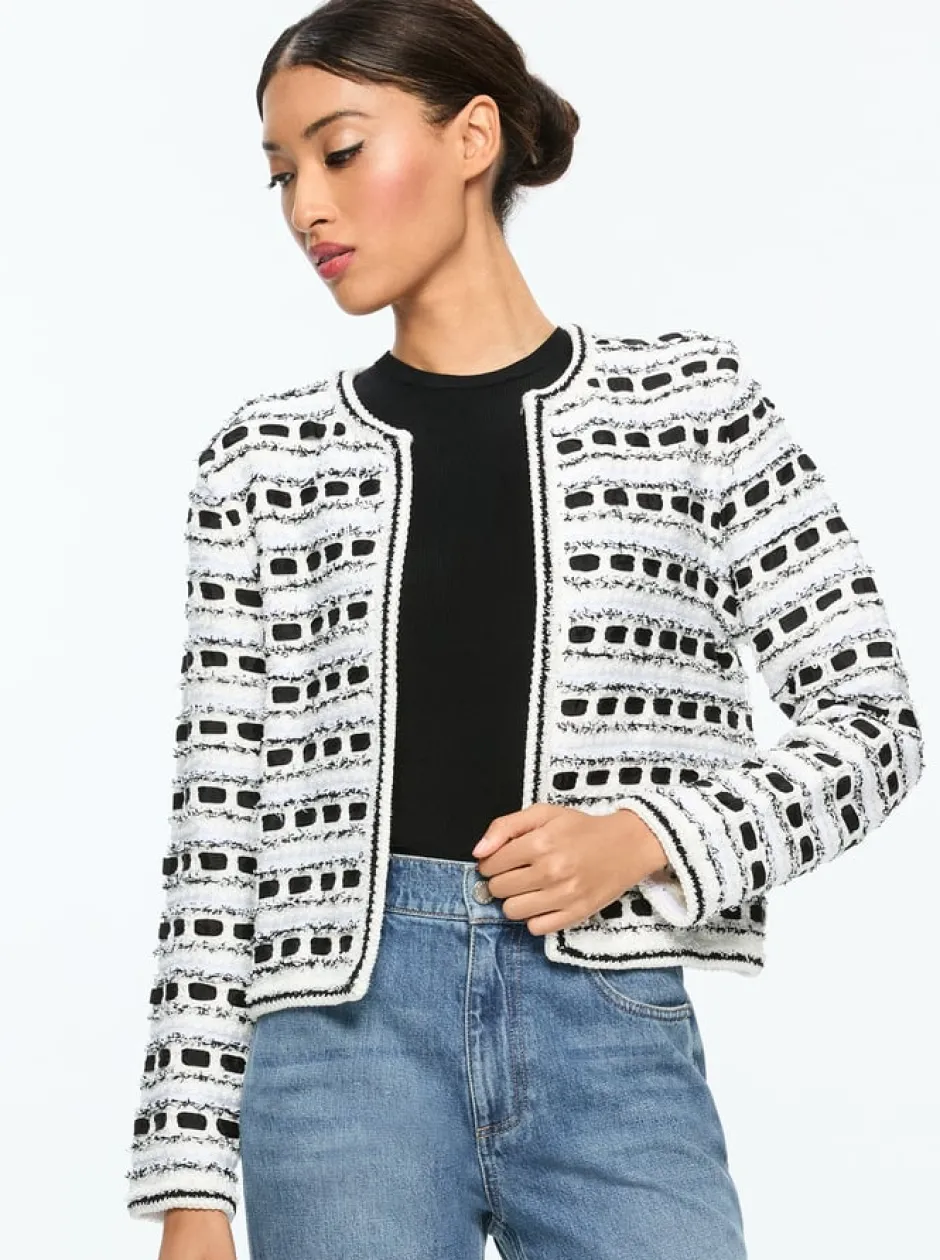 New - Marjorie Textured Tweed Stitch Cardigan Jacket - Soft White/Black Sweaters & Knits