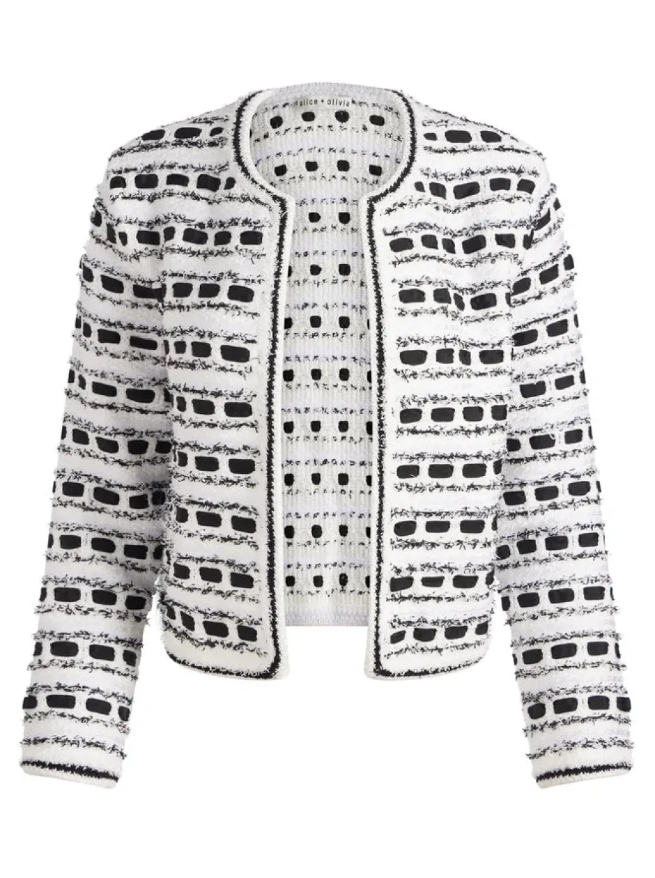 New - Marjorie Textured Tweed Stitch Cardigan Jacket - Soft White/Black Sweaters & Knits