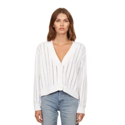 Fashion - Cropped V-Neck Cardigan w/ Pointelle Ladder Stitch - Bleach White Sweaters & Knits