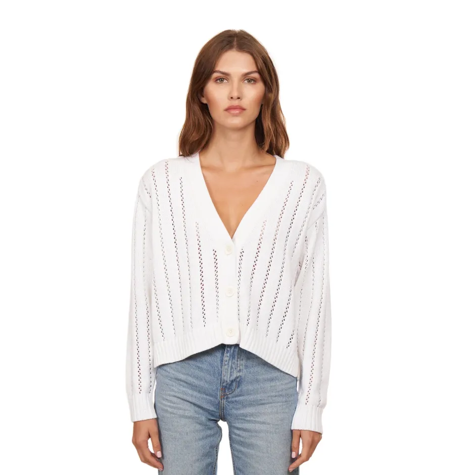 Fashion - Cropped V-Neck Cardigan w/ Pointelle Ladder Stitch - Bleach White Sweaters & Knits