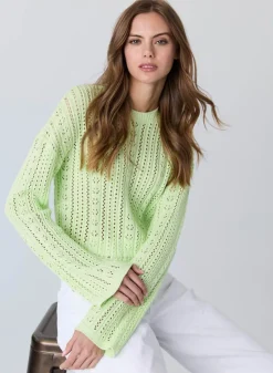 Online - Cropped Bell Sleeve Pointelle Crew - Aloe Sweaters & Knits