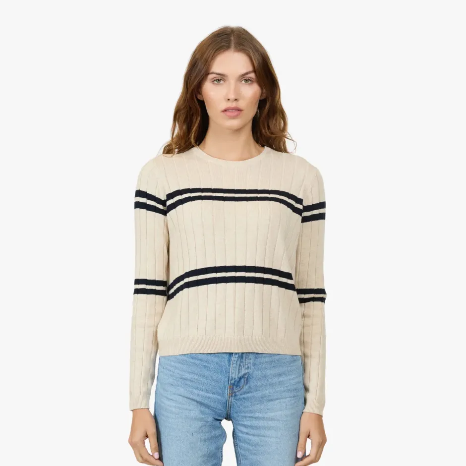 Clearance - Cropped Panel Rib Crew - Natural/Navy Blue Sweaters & Knits