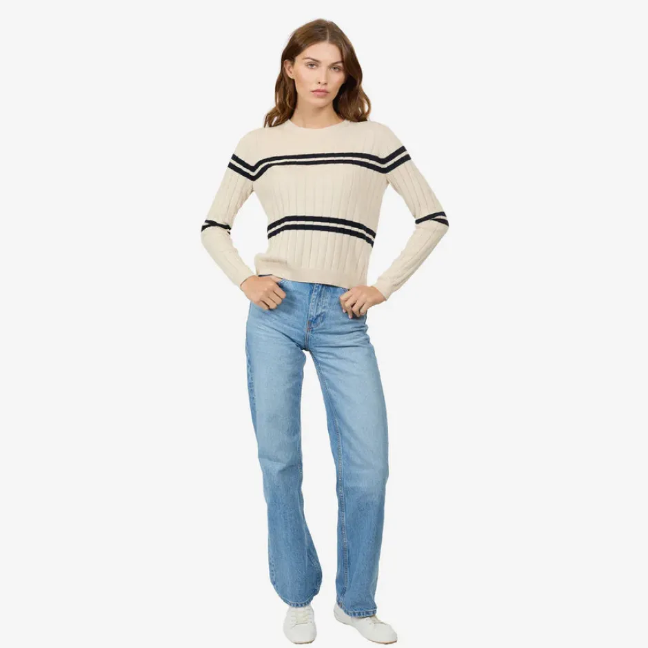 Clearance - Cropped Panel Rib Crew - Natural/Navy Blue Sweaters & Knits