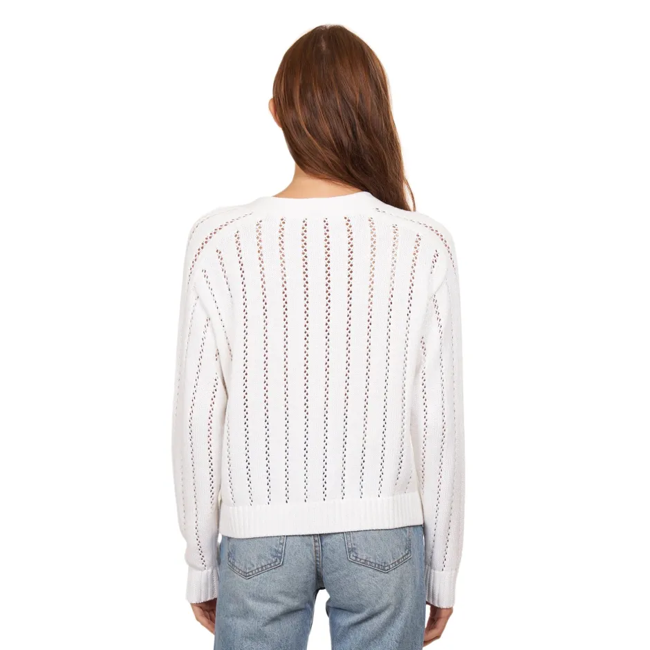 Fashion - Cropped V-Neck Cardigan w/ Pointelle Ladder Stitch - Bleach White Sweaters & Knits