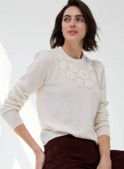 Outlet - Puff Sleeve Crew w/ Floral Hand Embroidery - Chalk Puff Shoulders | Sweaters & Knits