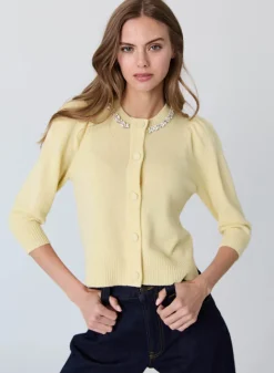 Clearance - Rhinestone Trimmed Puff Sleeve Cardigan - Buttercup Sweaters & Knits | Puff Shoulders