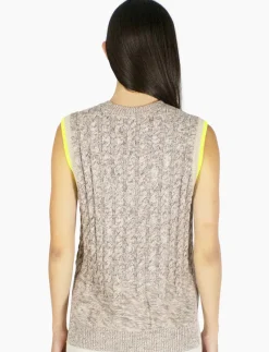 New - Tweedy Cable Vest With Neon Tipping - Neutral Bic Highlighter Combo Sweaters & Knits