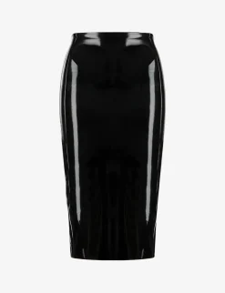 Clearance - Faux Patent Leather Midi Skirt - Black Long Skirts
