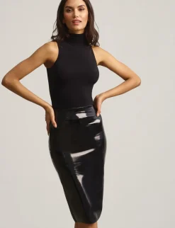 Clearance - Faux Patent Leather Midi Skirt - Black Long Skirts