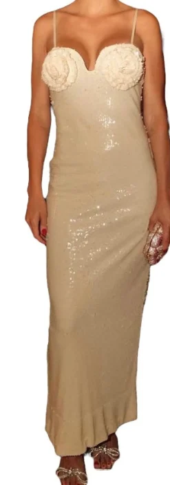 Outlet - Sequin Rosette Dress - Ivory Dresses | Long Dresses