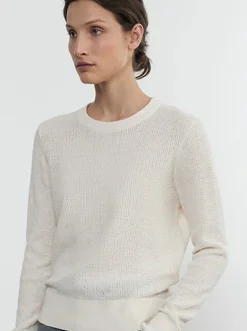Fashion - Linen Open Knit Crewneck Sweater - Cream Sweaters & Knits