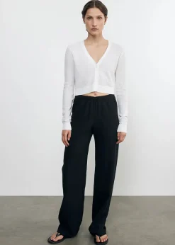 Clearance - Linen Open Knit Cropped V Neck Cardigan - White Sweaters & Knits