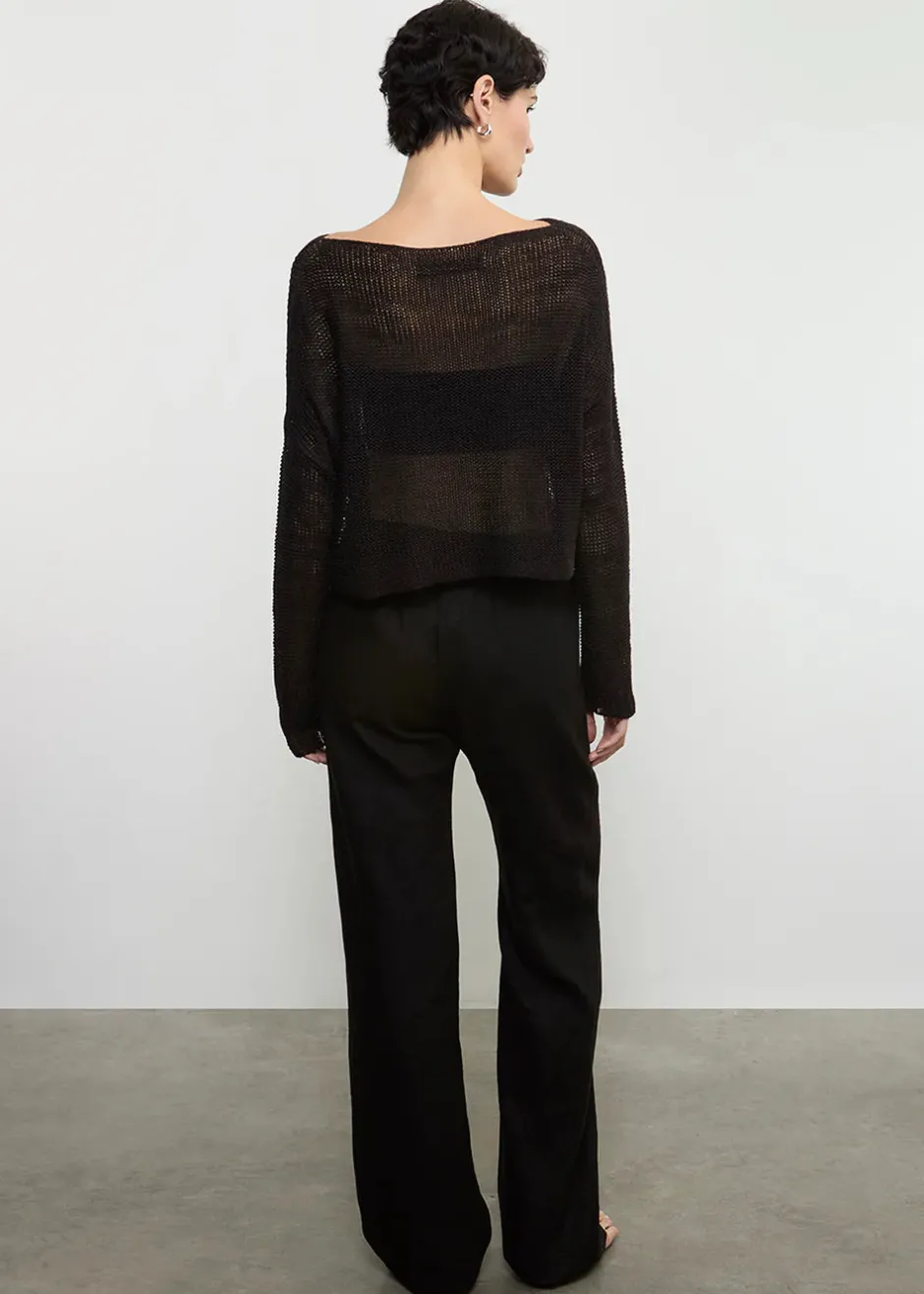 Discount - Linen Open Knit Bateau Sweater - Black Sweaters & Knits