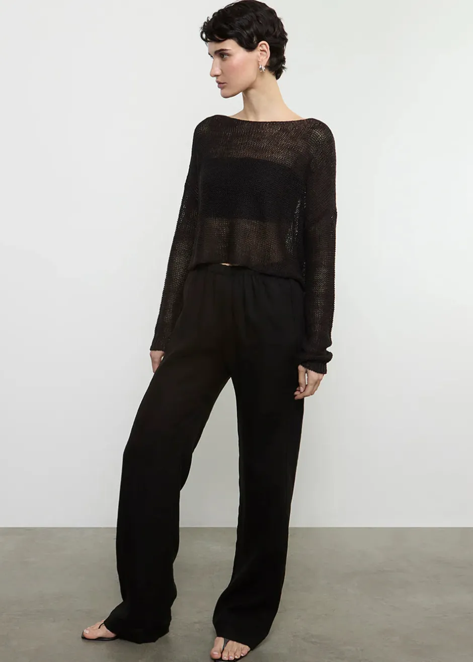 Discount - Linen Open Knit Bateau Sweater - Black Sweaters & Knits