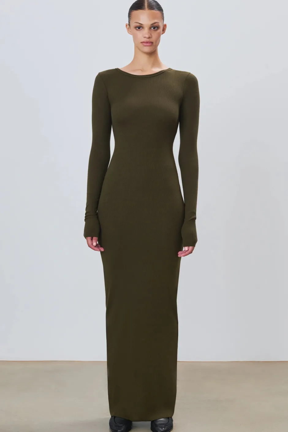 Hot - Long Sleeve Crewneck Maxi Dress - Moss Dresses | Long Dresses