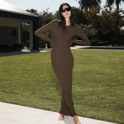 Hot - Long Sleeve Crewneck Maxi Dress - Moss Dresses | Long Dresses