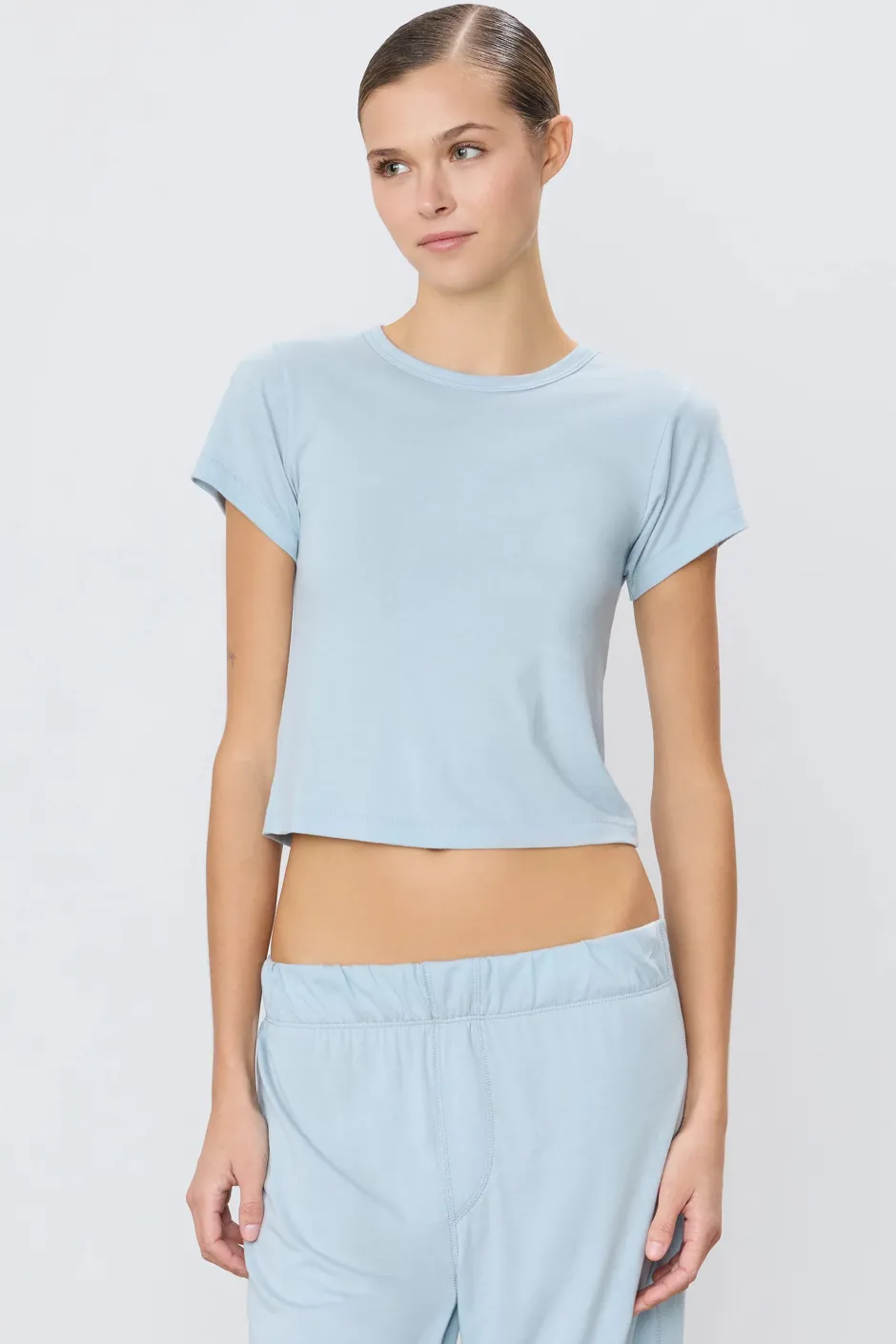 Discount - Short Sleeve Baby Tee - Dusty Blue Crop Tops