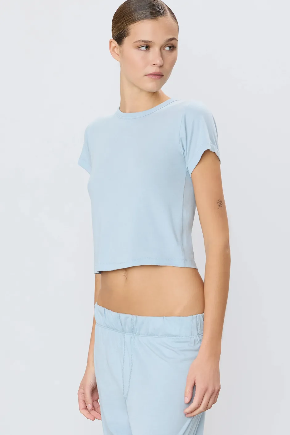 Discount - Short Sleeve Baby Tee - Dusty Blue Crop Tops