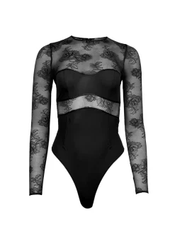 Fashion - Bouquet Lace and Jersey Bodysuit - Black Bodysuits