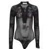 New - Lace Pointelle Collared Bodysuit - Black Bodysuits