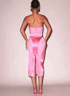 Best - Satin and Mesh Bustier Midi Dress - Pink Obsession Midi | Midi Dresses
