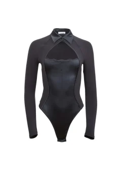 Clearance - Stretch Satin Long Sleeve Bodysuit - Black Bodysuits