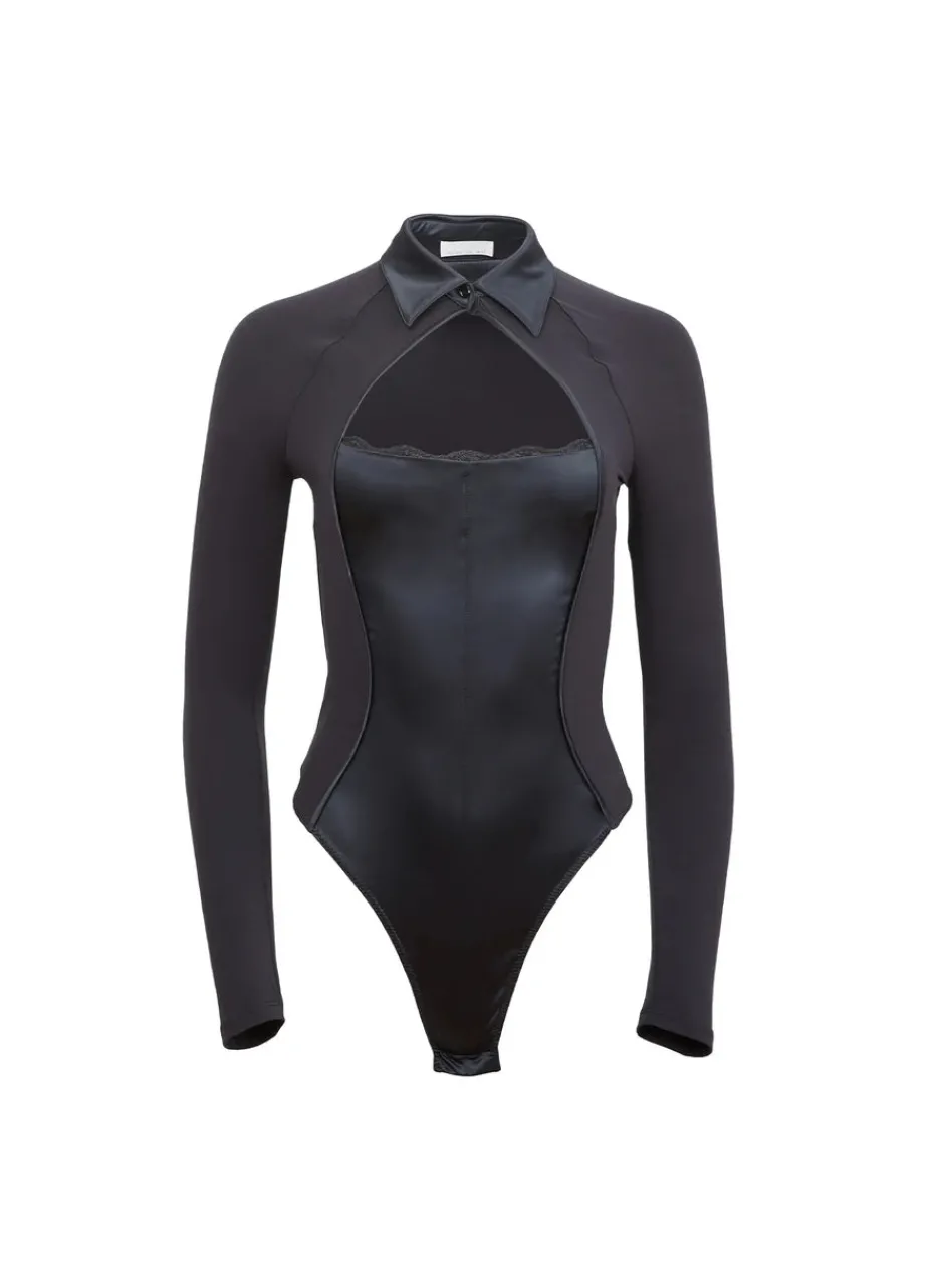 Clearance - Stretch Satin Long Sleeve Bodysuit - Black Bodysuits