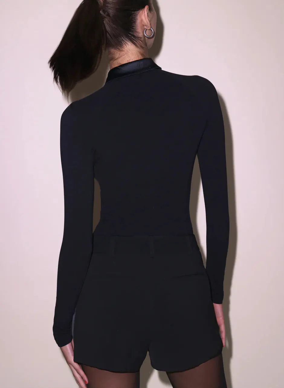 Clearance - Stretch Satin Long Sleeve Bodysuit - Black Bodysuits