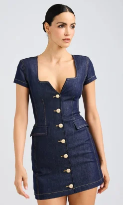 Fashion - Brunella Sheen Denim Dress - Dark Denim Blue Mini Dresses | Dresses