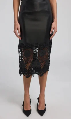 Clearance - Chantira Vegan Leather Guipure Combo Skirt - Black Long Skirts
