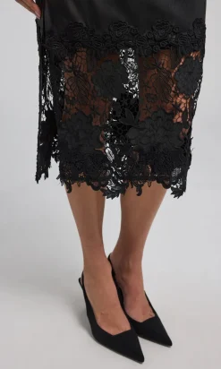 Clearance - Chantira Vegan Leather Guipure Combo Skirt - Black Long Skirts