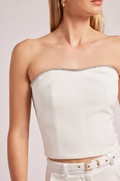 New - Ettie Crystal Crepe Bustier - White Crop Tops
