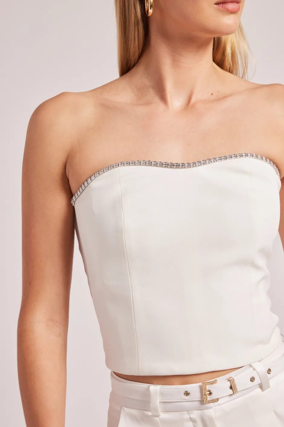 New - Ettie Crystal Crepe Bustier - White Crop Tops