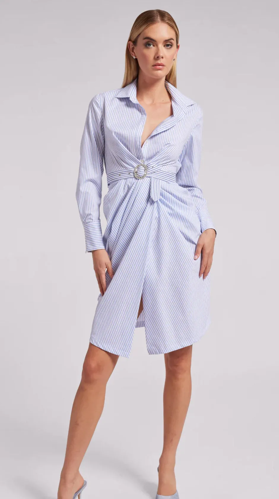 Best - Gloria Pinstripe Shirt Dress - White/Light Blue Dresses | Midi