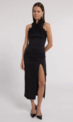 Hot - Raven Lace Combo Halter Dress - Black Midi | Midi Dresses