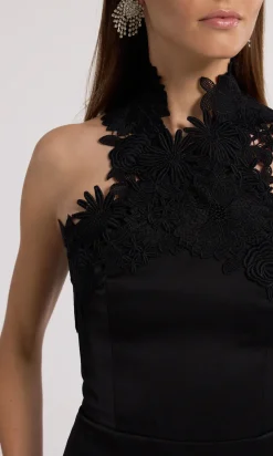 Hot - Raven Lace Combo Halter Dress - Black Midi | Midi Dresses