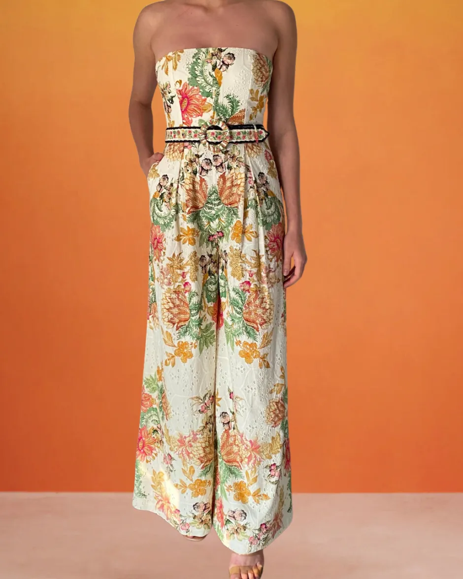 Best - Jumpsuit With Buckle Belt - Black Off White Floral Pants Jumpsuits
