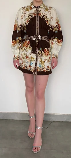 Hot - Short Dress with Buckle Belt - Brown Mix Mini Dresses | Florals