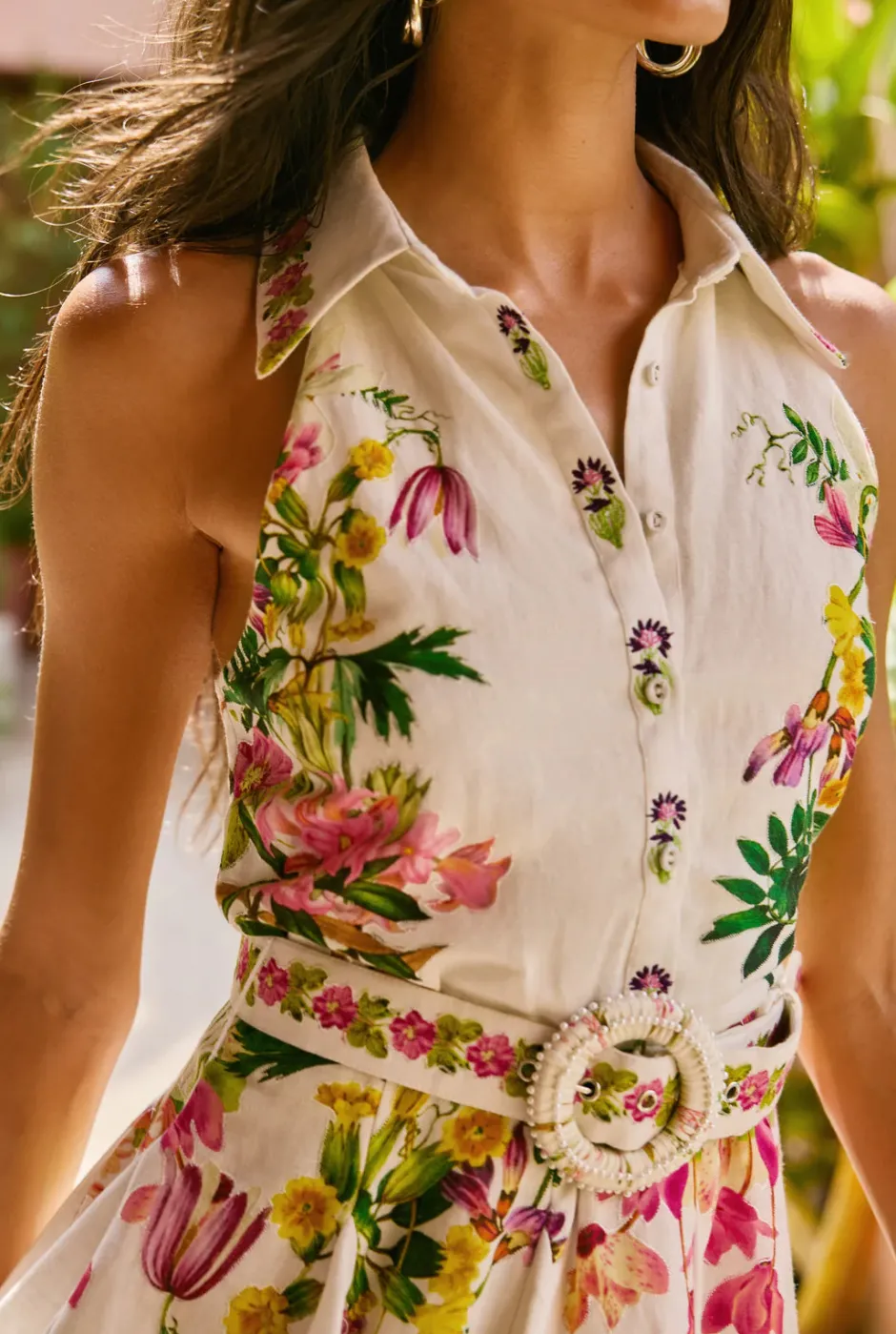 Clearance - Short Dress With Highlight Emb And Buckle Belt - White Floral Dresses | Mini Dresses