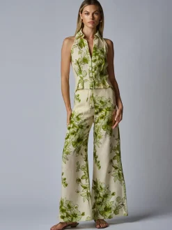 Fashion - Capri Linen Pant - Green Floral Pants