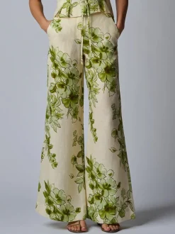 Fashion - Capri Linen Pant - Green Floral Pants