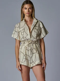 Outlet - Taryn Linen Romper - Brown Geo Print Rompers