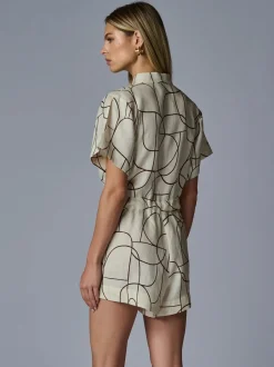 Outlet - Taryn Linen Romper - Brown Geo Print Rompers