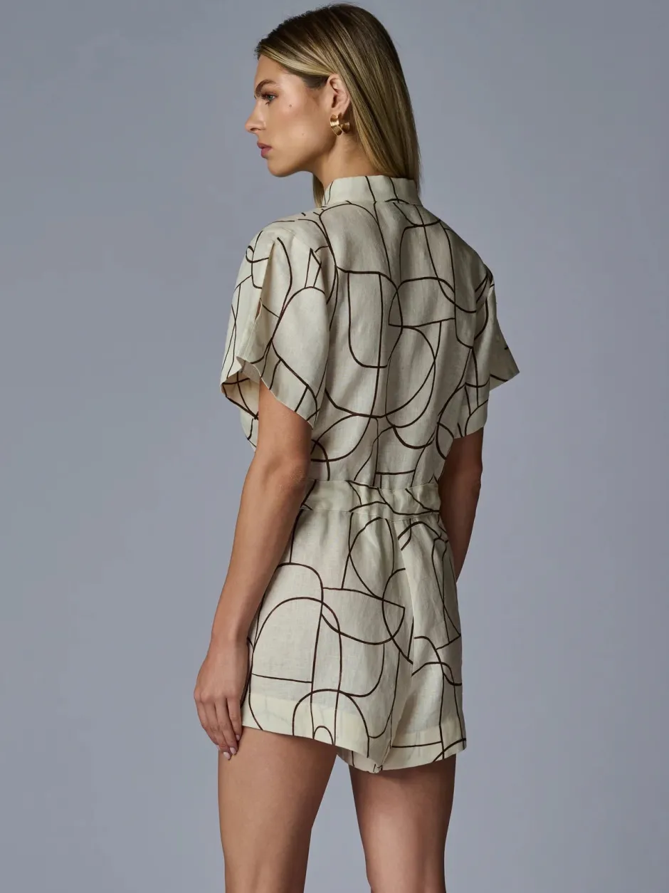 Outlet - Taryn Linen Romper - Brown Geo Print Rompers