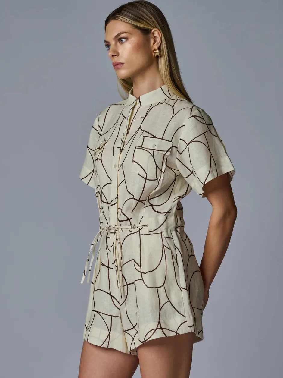 Outlet - Taryn Linen Romper - Brown Geo Print Rompers