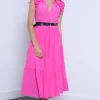 Outlet - Sabrina Dress - Neon Pink Dresses | Midi