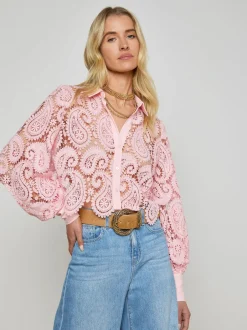 New - Odelia Cropped Lace Blouse - Blush Blouses