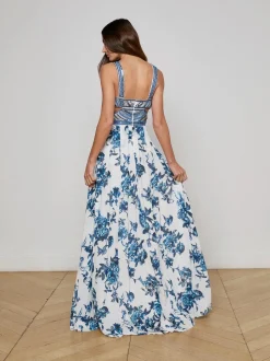 Hot - Annistyn Embellished Floral Gown - White/Blue Painterly Floral Long Dresses | Dresses