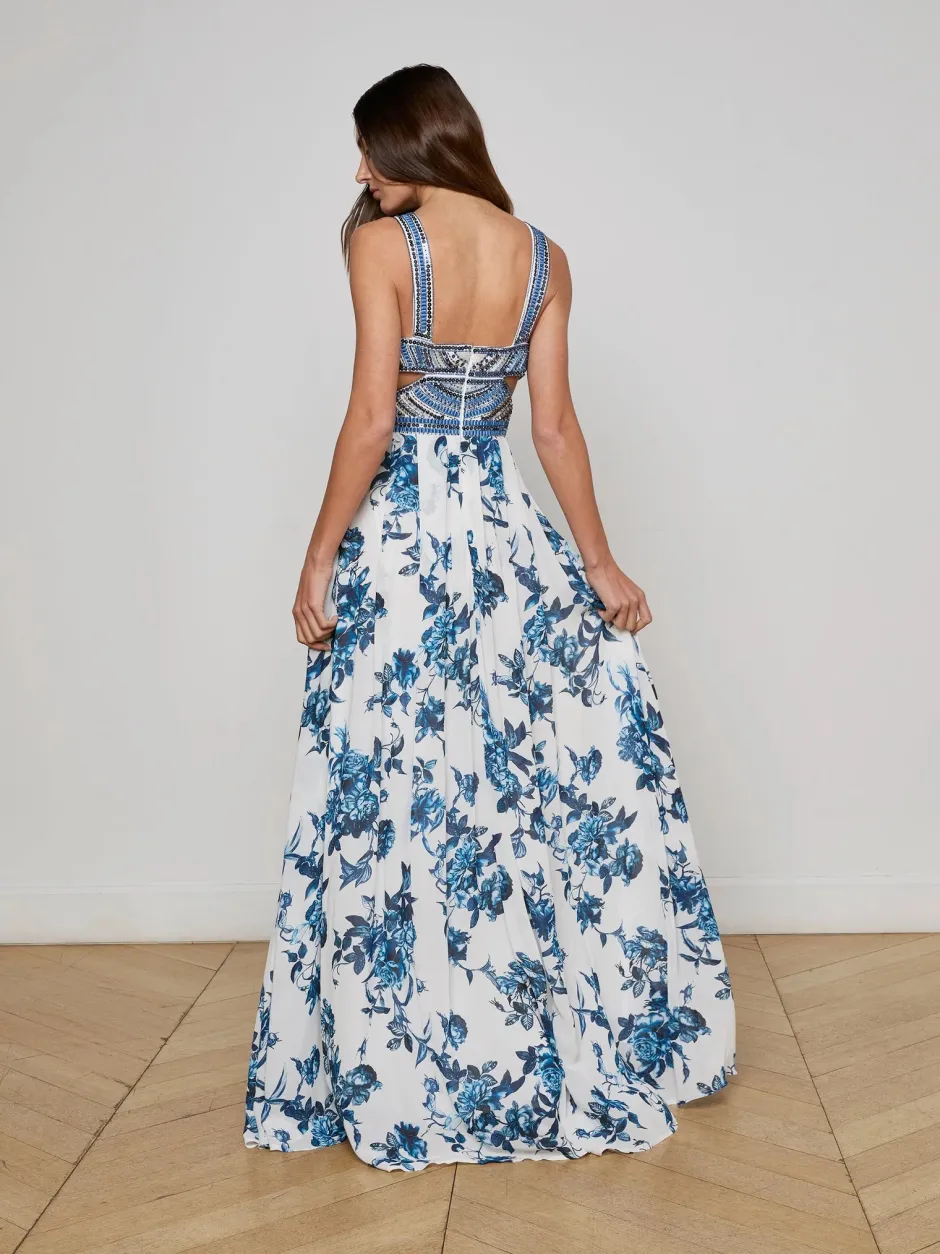 Hot - Annistyn Embellished Floral Gown - White/Blue Painterly Floral Long Dresses | Dresses